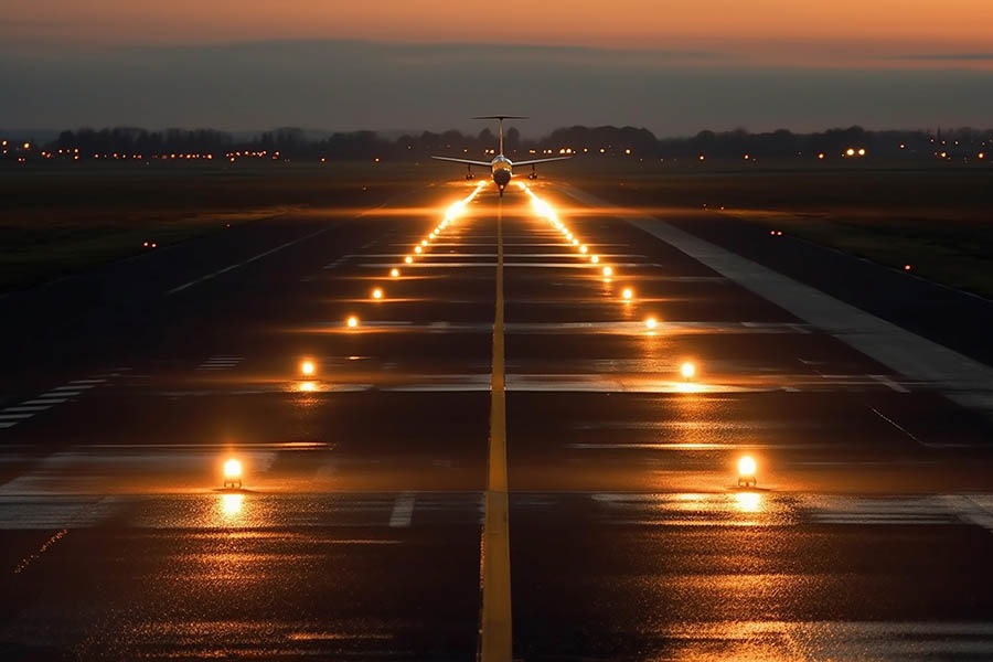 an airplane on a runway at night