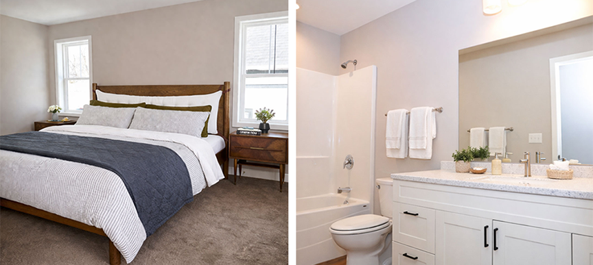 a bathroom with a bed and a toilet