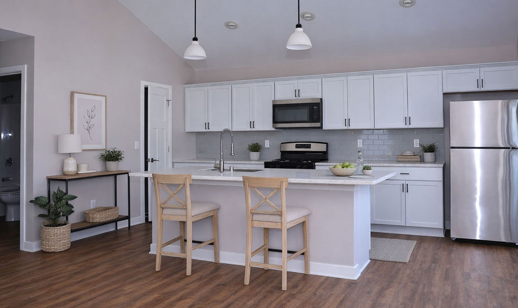 a kitchen with white cabinets and a white countertop