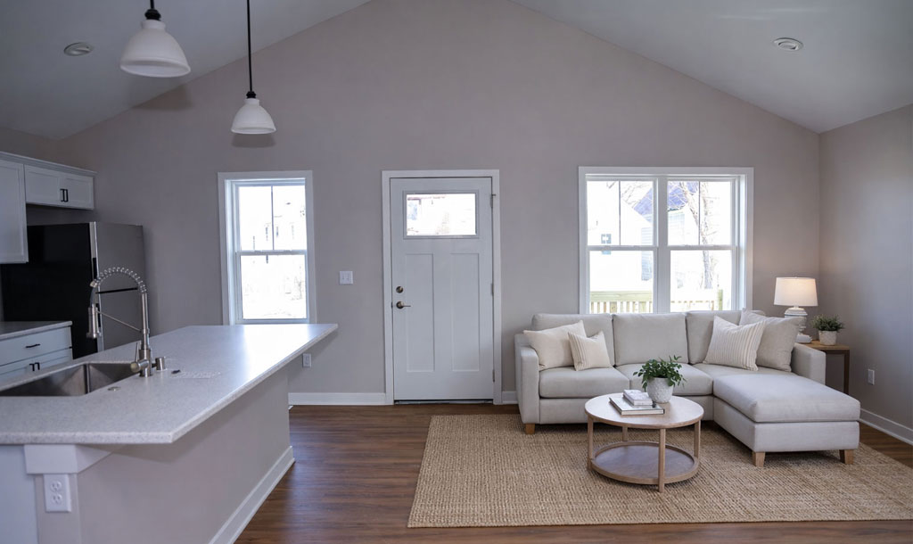 a living room with a white couch and a table
